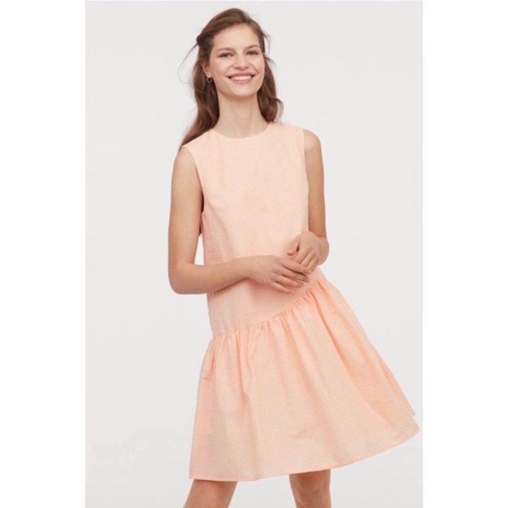H&M premiere peach seersucker gingham drop waist dress